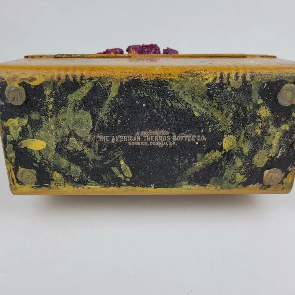 Vintage Decoupage Lunch Box Purse Folk Art  Paper Mache Flowers American Thermos
